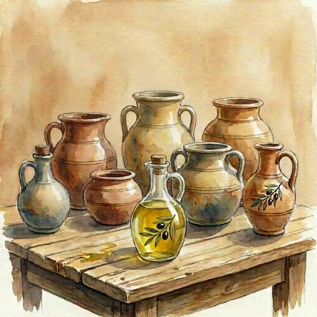 A large clay jar pouring golden oil into a bowl on a wooden table among other vessels.