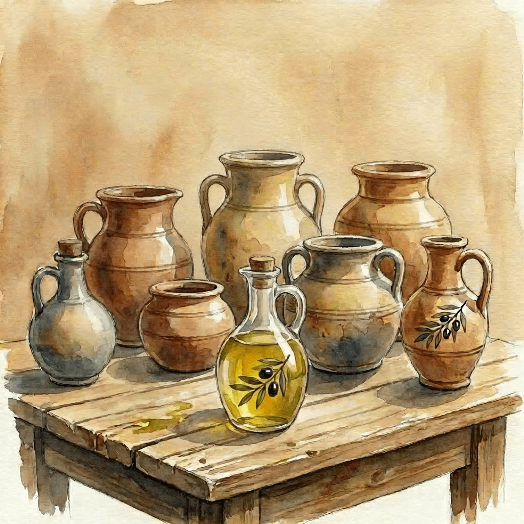 A large clay jar pouring golden oil into a bowl on a wooden table among other vessels.